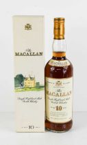 A bottle of The Macallan Single Highland Malt Scotch Whisky, 10 Years Old, boxed.