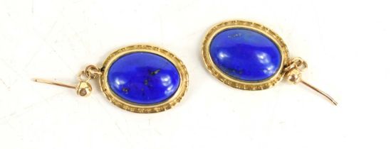 A pair of 9ct gold and lapis drop earrings, each oval lapis cabochon within a rope twist gold