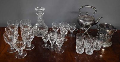 A Stuart Crystal cut glass decanter and four matching wine glasses and five port glasses, seven