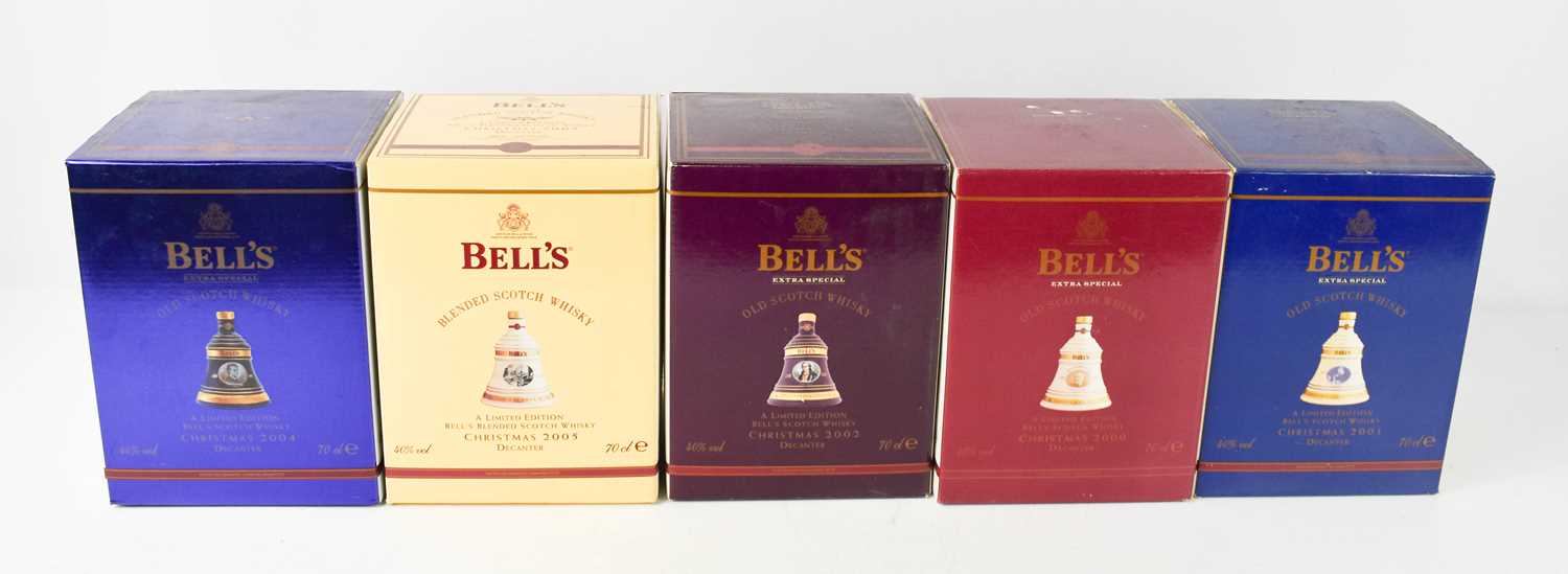 Five Bell's Extra Special Old Scotch Whisky Christmas Decanters, all with original boxes, 1996,