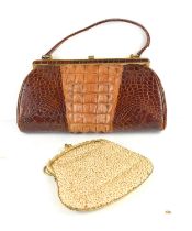 A vintage crocodile skin handbag, with tail back panel and a vintage beaded evening bag. [This lot