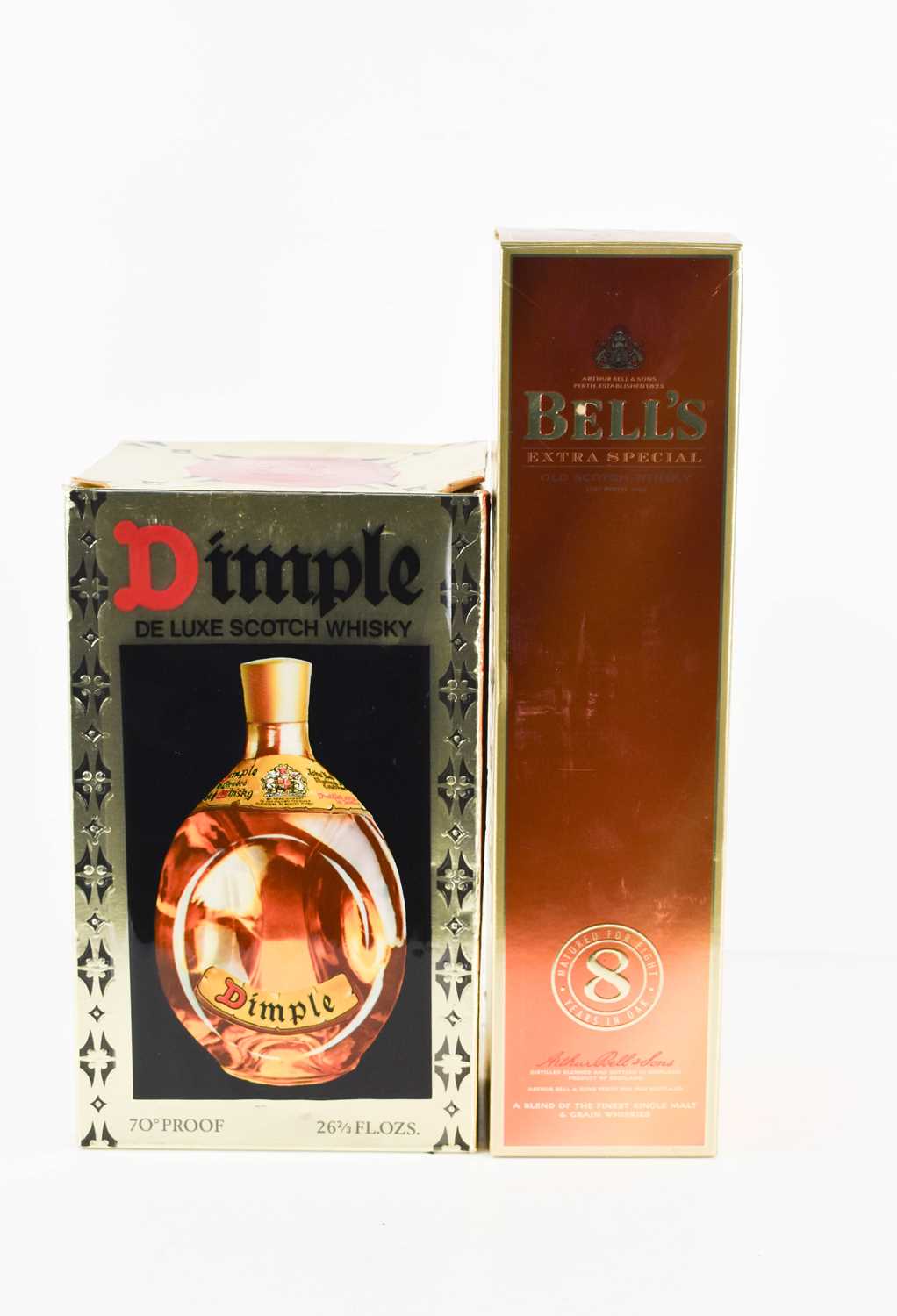 A bottle of Haig Dimple De Luxe Scotch Whisky 70% proof, boxed, and a bottle of Bells Extra