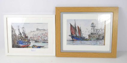 Jack Rigg (b.1927): Pen and pastel on paper, depicting a sailing ship and row boat, signed bottom