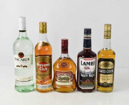 A group of five bottles of rum, comprising bottles of Appleton Estate Jamaica Rum, Havana Club Anejo