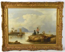 A 19th century oil on canvas depicting a harbour and fishing scene, unsigned, the painting set