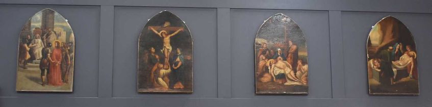 Four ecclesiastical 19th century arch form paintings depicting four of the Stations of the Cross, to