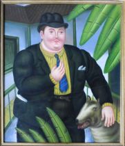 Manner of Fernando Botero, gentleman and his dog, oil on board, 60 by 50cm.