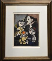 Pablo Picasso (1881-1973): Woman and two children, hand coloured Pochoir, 28 by 23cm.