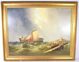 A 19th century oil on board, fishing boats in stormy seas, indistinctly signed and dated 1861,