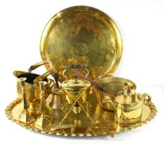 A collection of brassware to include a large Middle-Eastern brass tray with pie crust edge, 92cm