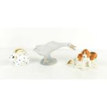A Royal Crown Derby rabbit paperweight with stopper together with a Lladro goose and a figure