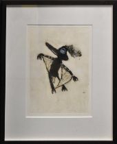 A 20th century hand coloured aquatint, depicting flying creature, 31 by 22cm.