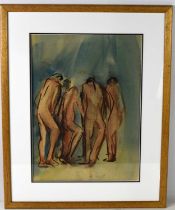 Mary Stork (1938-2007): four figures standing, sanguine drawing with wash, signed in pencil bottom