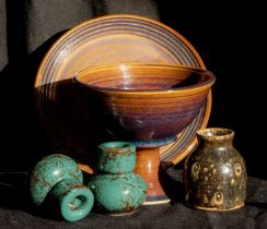 A group of 20th century studio pottery to include: a footed bowl and matching platter of blue and