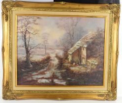 Bill Mackinson (British Contemporary): a winter cottage, oil on canvas, signed bottom right, 49cms