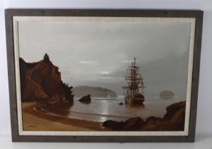 Les Spence (20th century): oil on canvas painting of a masted ship at anchor in a cove, signed Jason