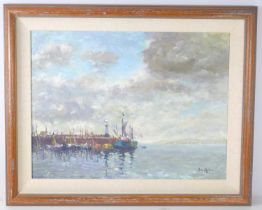 John Ambrose (British 1931-2010); oil on board, harbour scene, signed bottom right, 45cm by 60cm.