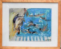 Linda Clarke (20th century): Swimming Lesson, oil on board, 29 by 36cm.