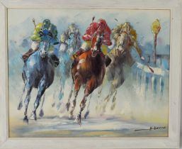 An oil on canvas depicting racehorses, indistinctly signed lower right, 39 by 49cm.