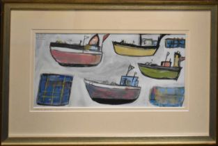 A 20th century naive gouache on paper/board, titled 'Four Boats, St Ives', apparently unsigned, 20