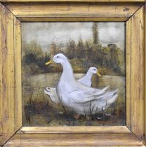 J Hensser (20th century): Two ducks, oil on board, signed lower right, 18 by 18cm.