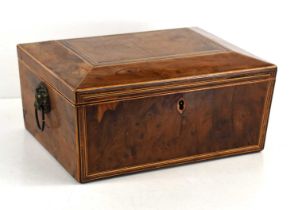 A late Victorian elm tea caddy later converted to a jewellery box, lion head ring handles, 10.5cm