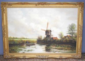 Norfolk School: a punt in front of a windmill, oil on canvas, signed indistinctly bottom right,