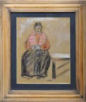 N Reid (20th century): Portrait of woman knitting, pastel and chalk on paper, signed lower right, 25