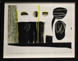 A contemporary mixed media picture in black white and yellow, framed, unsigned, 21 by 29cm.