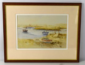 John Tuck (British, 20th century) moored boats in estuary, likely Norfolk, watercolour, 30.5cm by