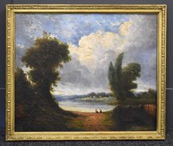 Manner of John Constable, a 19th century oil on canvas depicting figures in landscape by a river,