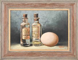 Arthur Baglee (b.1947): Still life with egg and oil bottles, oil on board, signed lower right, 9