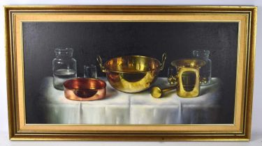 An oil on canvas painting, 20th century, still life of kitchen utensils, indistinctly signed lower