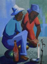 Jean Eliud Coachy (Haitian 20th century): cubist folk art painting of a couple crouching with