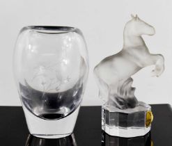 A Goebel crystal horse form paperweight, together with an etched glass bud vase, signed to the
