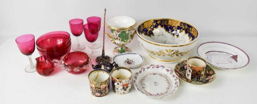 A group of 19th century and later ceramics and glass, to include cranberry glasses, hand blown