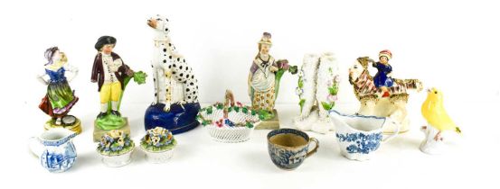 A group of 19th century porcelain, to include Staffordshire dalmatian, lady on horseback and other