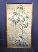 A large watercolour depicting birds amidst flowers, framed and glazed, unsigned, 149cm by 84cm.