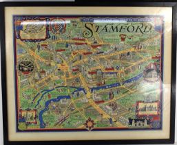 After Wilfred Rene Wood (1888-1976): a pictorial map print of Stamford, 44 by 55cm, framed and