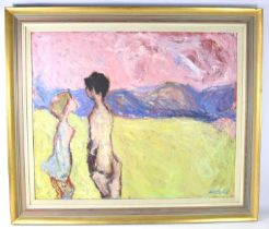 John Ballard (20th century) abstract, oil on board, children in landscape, signed lower right,