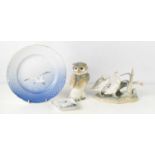 A Lladro figure group of geese, number 4549, a Nao Owl, a German porcelain trinket dish modelled