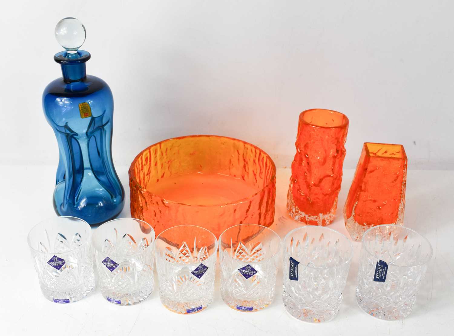 A group of studio glass and glasswares, comprising Holmegaard, Copenhagen blue glass decanter with