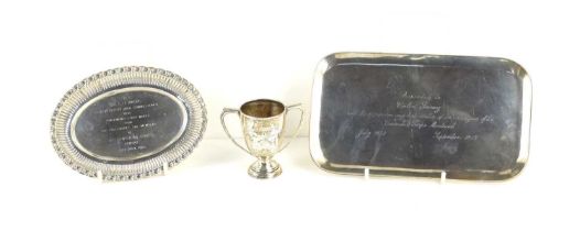 A group of silver comprising of two silver presentation trays engraved to Colin Imray from