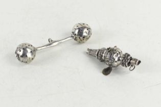 A Victorian silver baby rattle with whistle together with another silver baby rattle of dumbell