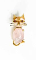 A vintage 18ct gold and rose quartz cat brooch, formed from two cabochon rose quartz stones with