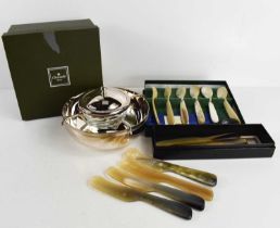 A Christofle of Paris silver plated caviar dish, together with a set of six horn 'Abbeyhorn' spoons,