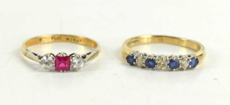 A 9ct gold, platinum, diamond and pink sapphire ring, size O/P, together with a 9ct gold, diamond