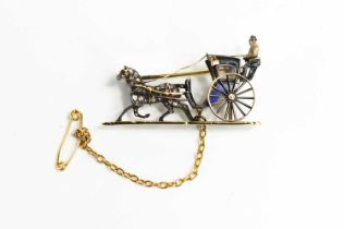 A charming 19th century diamond gold, platinum and enamel brooch, in the form of coach and horse,