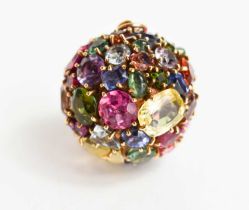A large and impressive multi-gem set ball pendant, the numerous cut stones including sapphires,