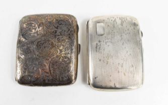 Two silver cigarette cases of curved form, one with scrolling foliate engraving and with monogram to